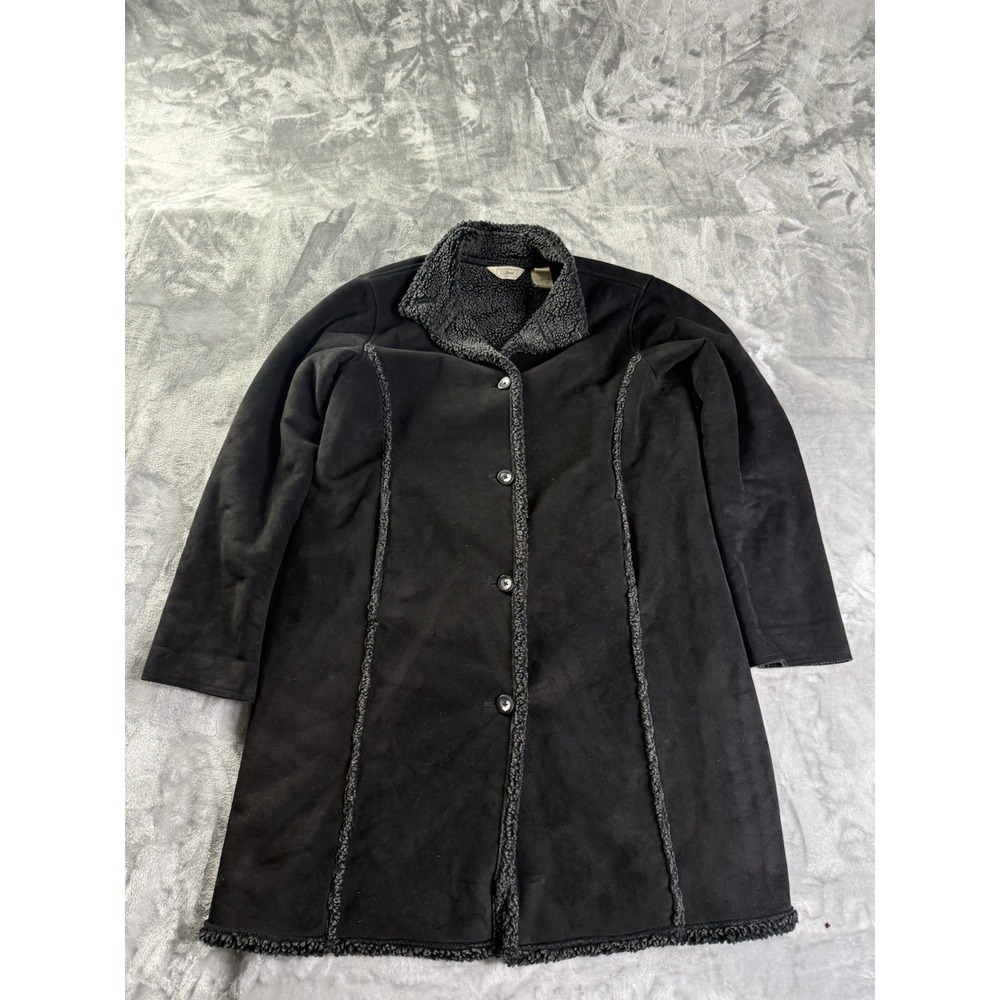 L.L. Bean Vtg Womens Black Lined Coat Jacket Faux Suede Large Button Up